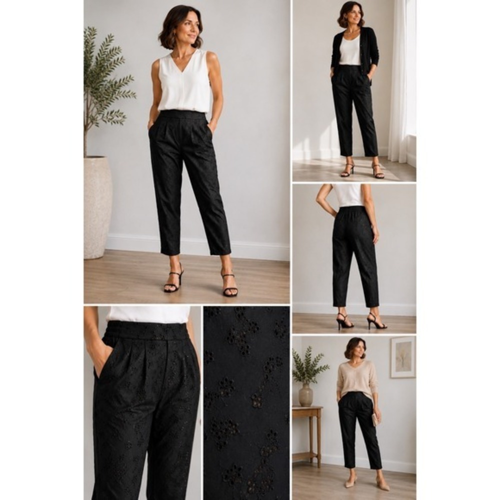 Sutton Studio 100% Silk Eyelet Straight Leg Pants Black Petite 8P